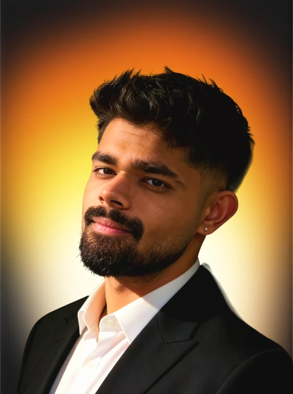 Hemant Rajpal, smiling slightly, in a dark suit and white shirt against a warm orange backdrop