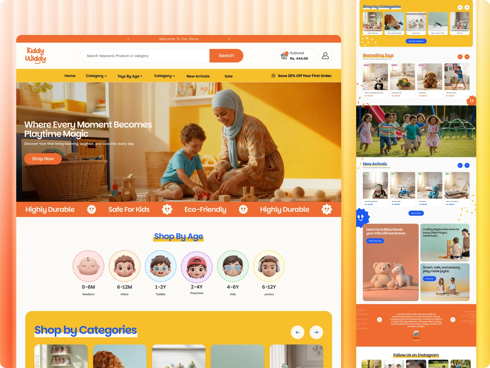 KiddyWiddy toy store home page: "Where Every Moment Becomes Playtime Magic" over a mother and child playing with wooden toys, Shop By Age and categories below, and the mobile layout beside it