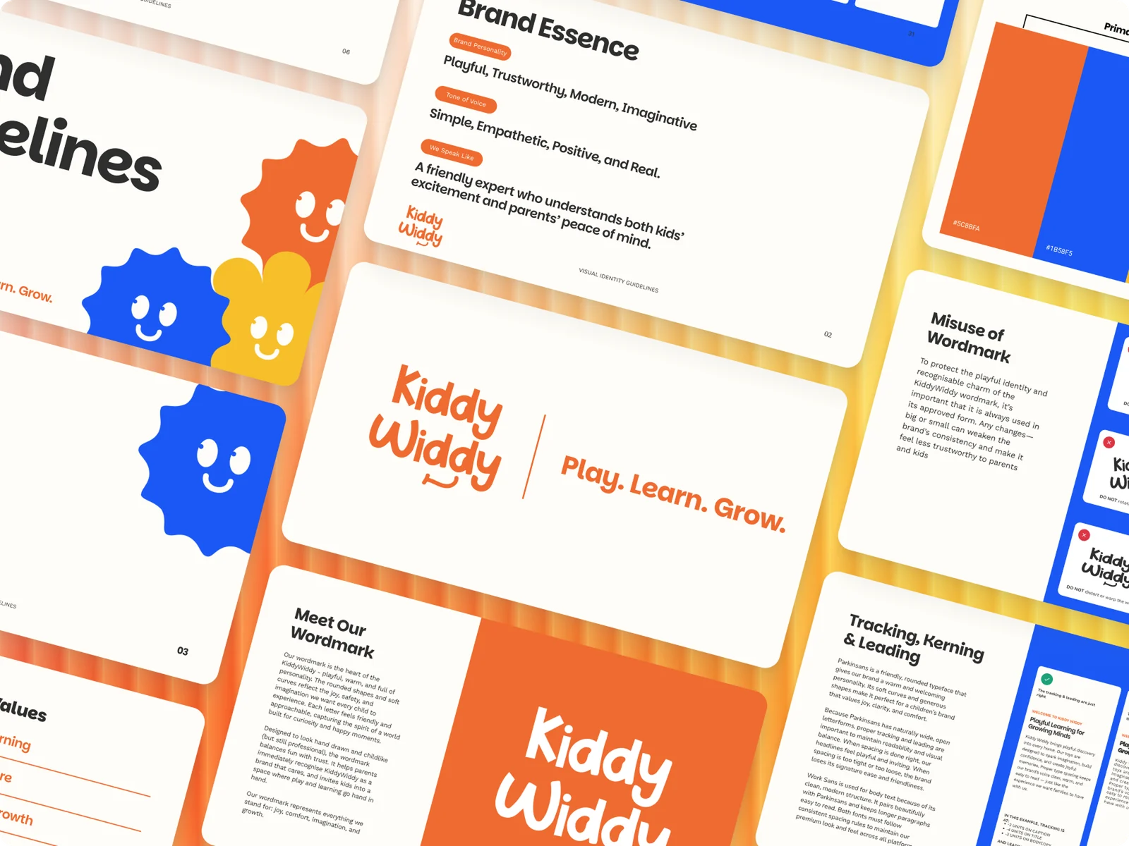 KiddyWiddy brand guidelines laid out at an angle: the orange wordmark with "Play. Learn. Grow.", smiling blue, orange and yellow sun characters, brand essence, colour and type pages
