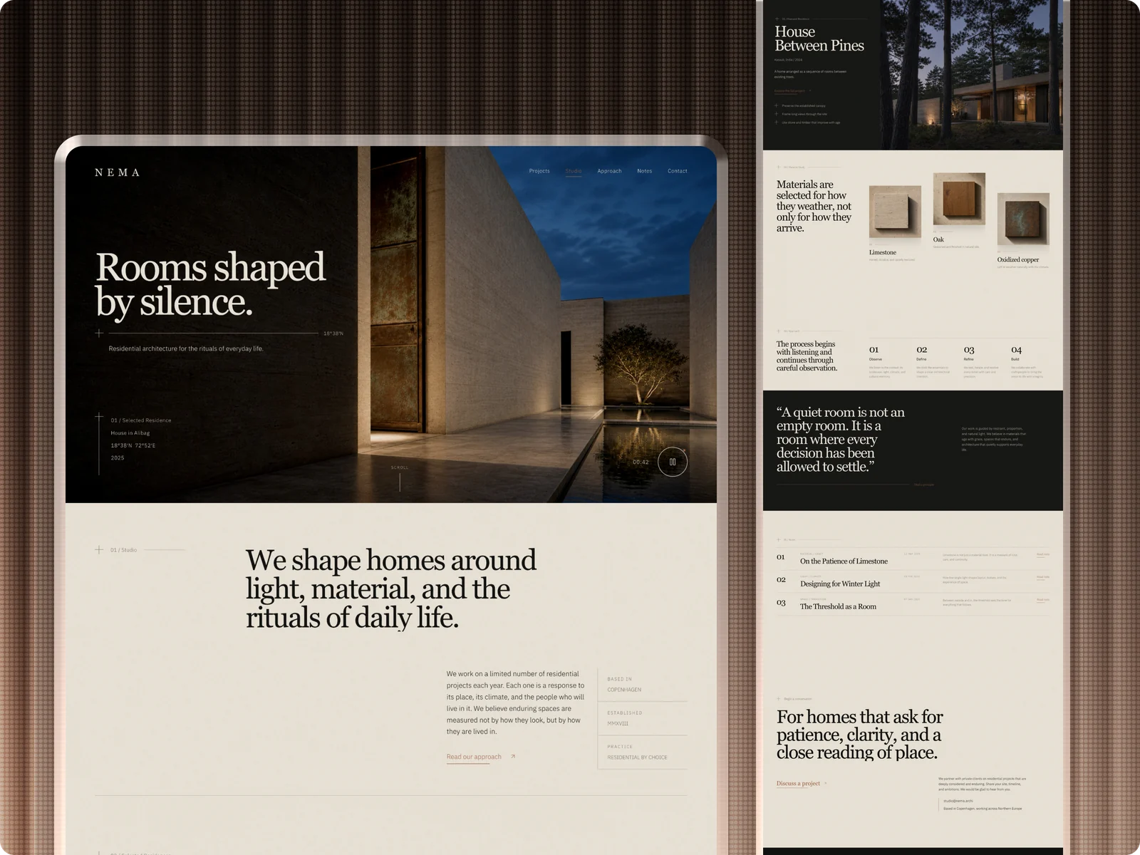 NEMA residential architecture website: "Rooms shaped by silence." beside a stone courtyard and pool at dusk, with the studio introduction and material, process and journal sections beside it