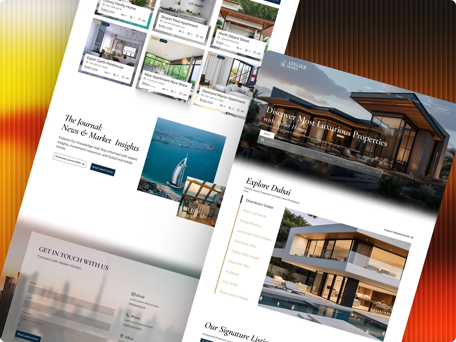 Atelier Homes luxury real estate website tilted over orange and black stripes: "Discover Most Luxurious Properties" over a modern villa, Explore Dubai neighbourhoods, listings and a journal