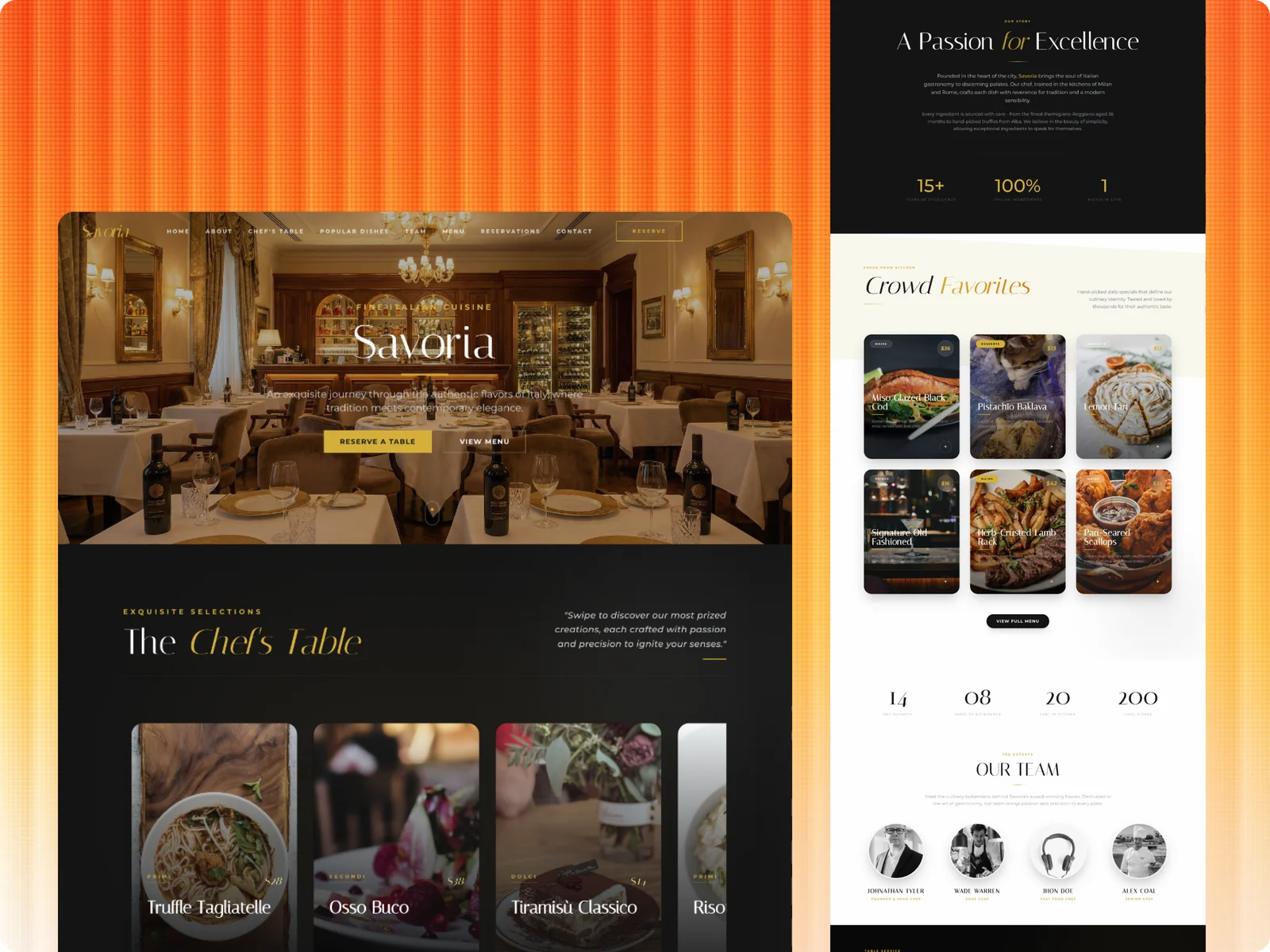 Savoria fine Italian restaurant website on an orange backdrop: the name over a chandeliered dining room, The Chef's Table dishes, and a second page with crowd favourites and the team