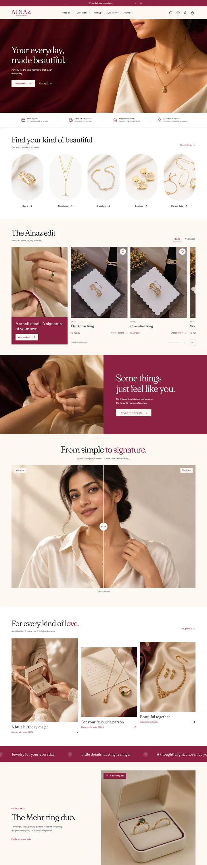 The Ainaz home page from top to bottom: hero, collections, the Ainaz edit, gifting and combo sets