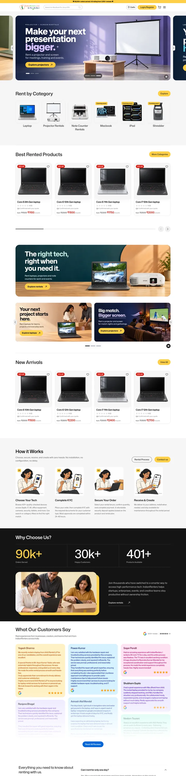 The IndianRenters store from top to bottom: projector hero, rent by category, best rented, how it works and reviews