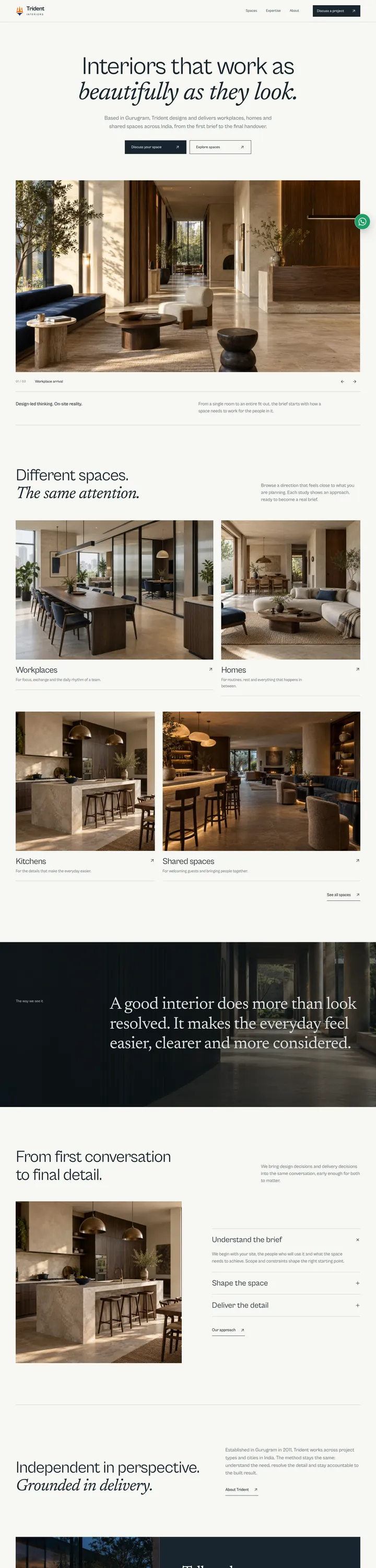 The Trident Interiors home page from top to bottom: headline, interiors, spaces, approach and studio
